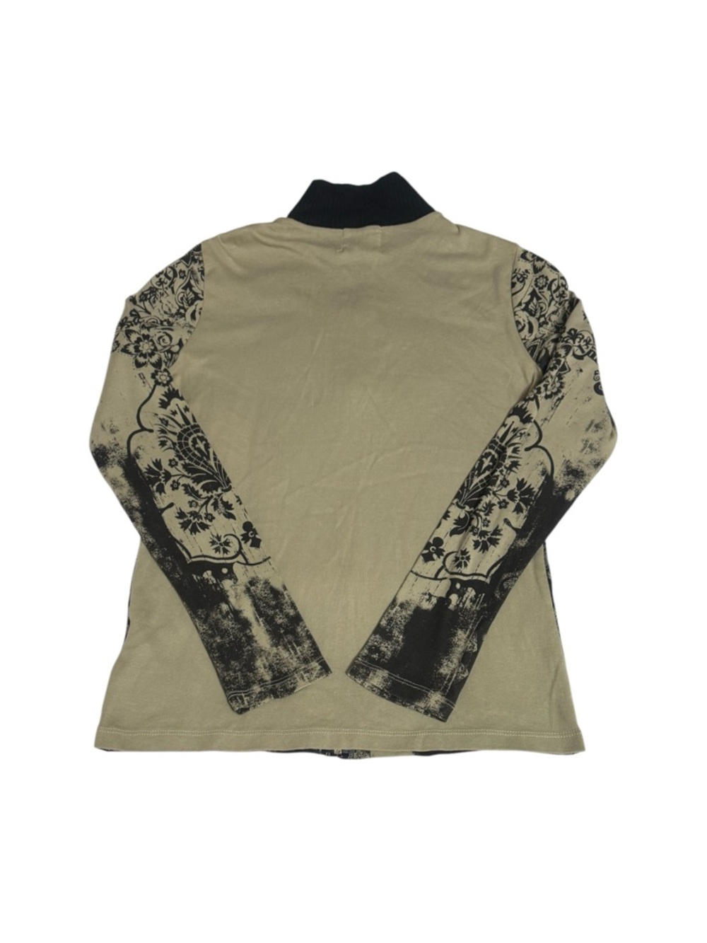 Y2K Vintage Skinny Minnie Black Beige Pattern Lace Sequin Zip-Front Stretch Top - Picture 2 of 4